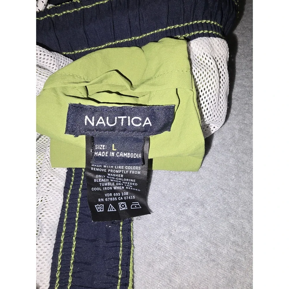 Nautica Mens Swim Trunks Green Navy Large Embroidered Logo Mesh Lined Shorts